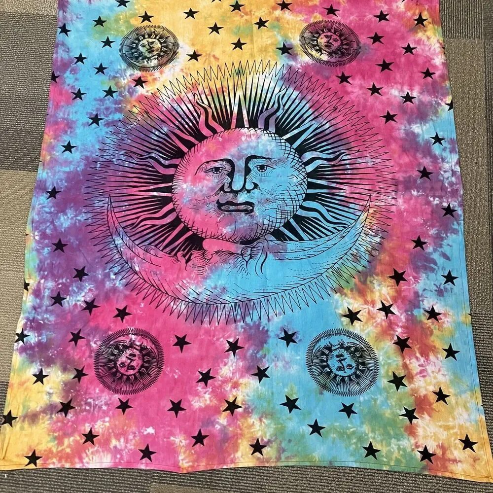 Psychedelic Sun Moon Stars Tie Dye Mandala Tapestry Hippie Hippy Celestial Wall